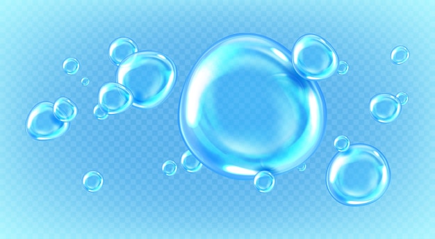 액체 방울 또는 투명 배경에 절연 물에 기포. 깨끗한 비 방울의 현실적인 세트, 맑은 아쿠아의 파란색 순수한 공, 3d 반짝 이는 이슬 또는 눈물
