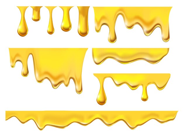 液体ハニーシロップ滴下セット黄色の溶けたソースが流れ、白い背景に金色のキャラメルの液滴のコレクションをドロップします