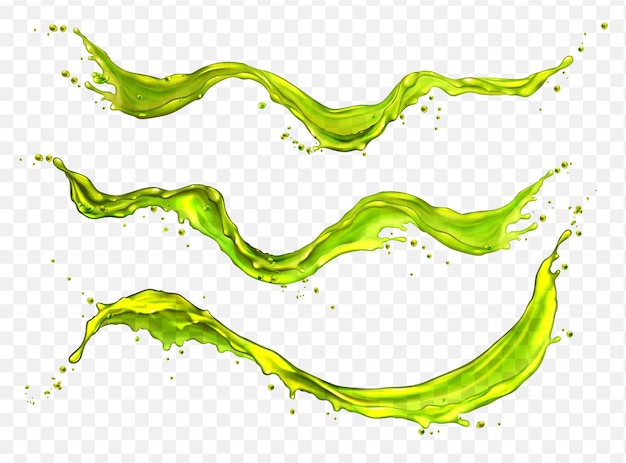 Free vector liquid splashes of apple juice green water or tea isolated on transparent background abstract flows of clear fresh drink lime or cucumber juice vector realistic set