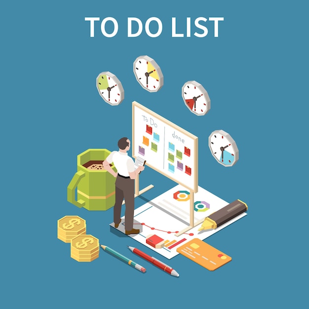 To do list concept with deadline and free time symbols isometric