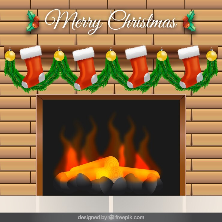 Free Vector lit fireplace background with decorative socks