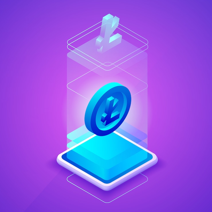 Free Vector litecoin cryptocurrency illustration for blockchain mining farm technology.