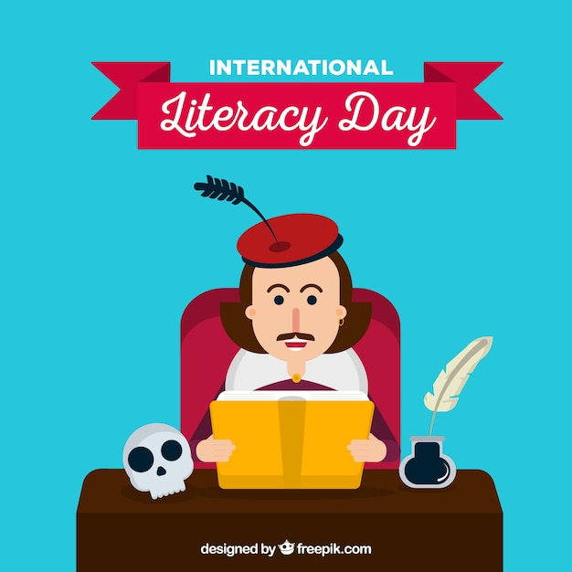 Free vector literacy day background with shakespeare reading in flat design