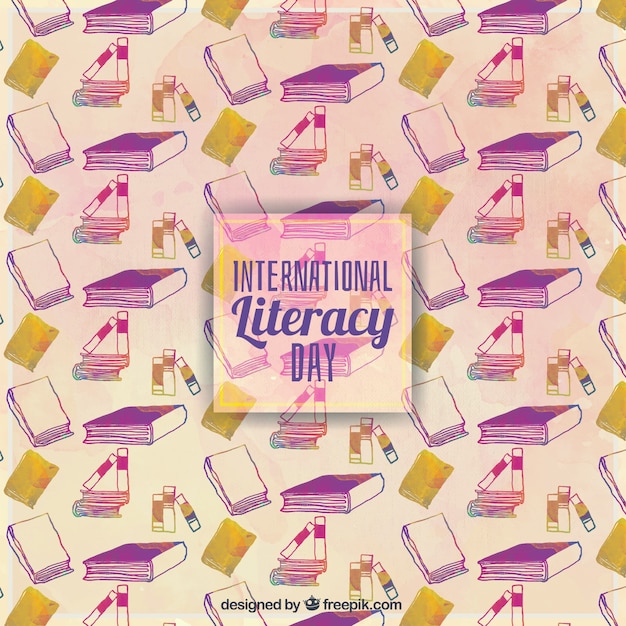 Free vector literacy day with books in purple tones