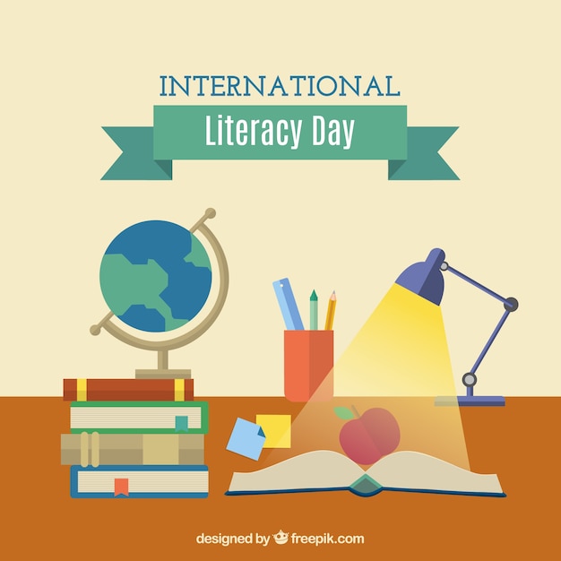 Free vector literacy day with an open book and other items