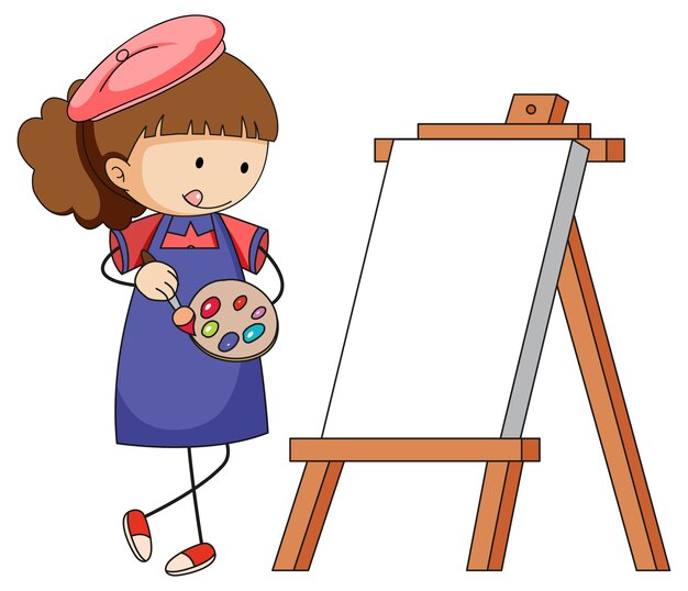 Little artist cartoon character with blank board isolated