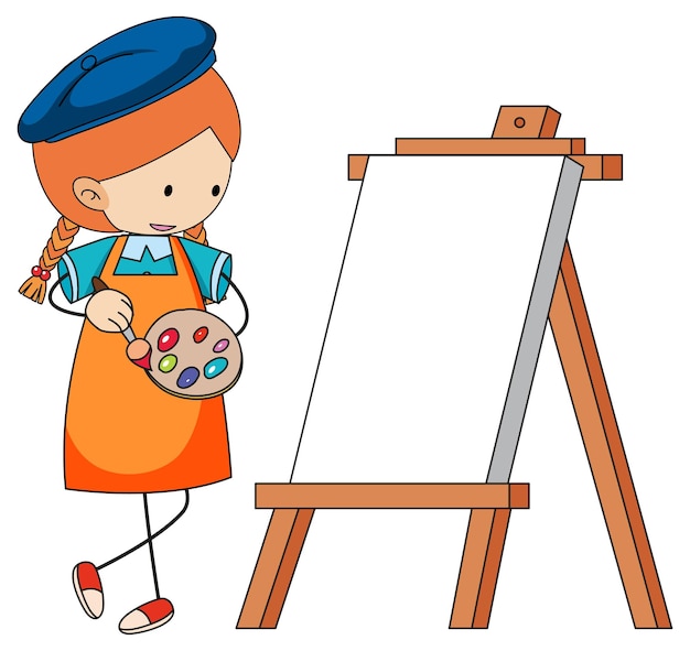 Little artist cartoon character with blank board isolated