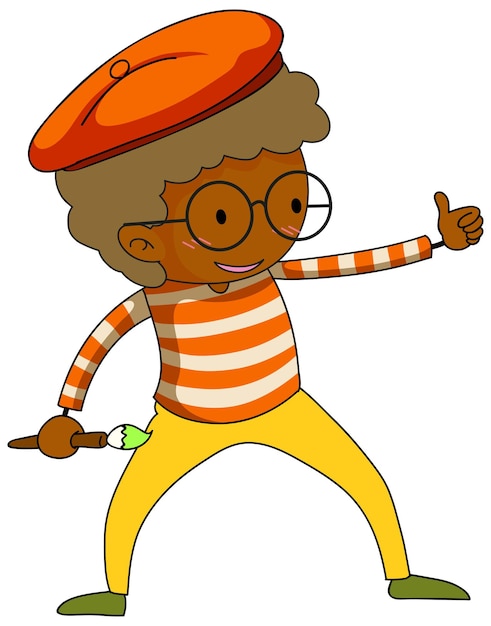 Бесплатное векторное изображение Маленький художник держит цветную кисть мультипликационного персонажа изолированным