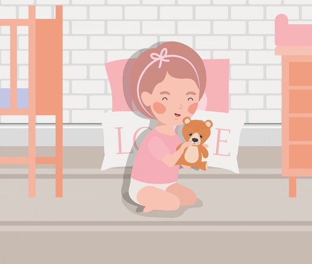 Free vector little baby girl with teddy toy character