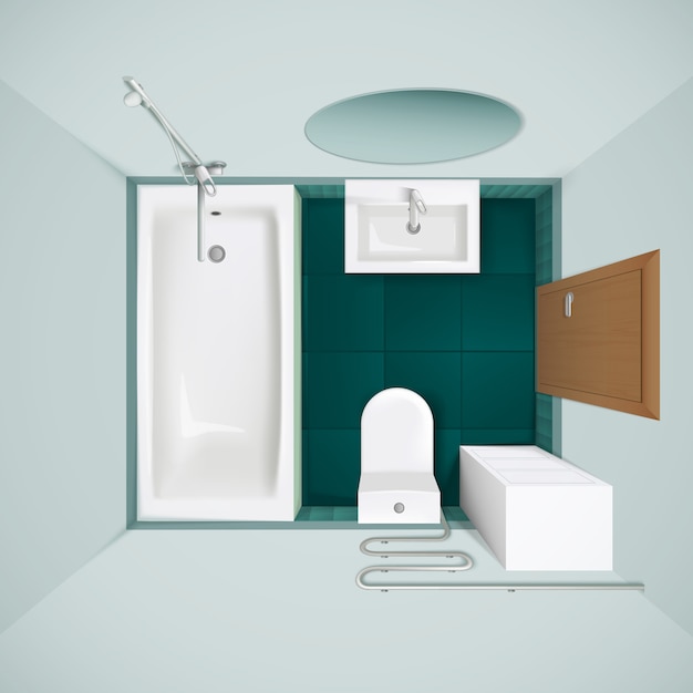 Free vector little bathroom with green floor tiles bathtub toilet