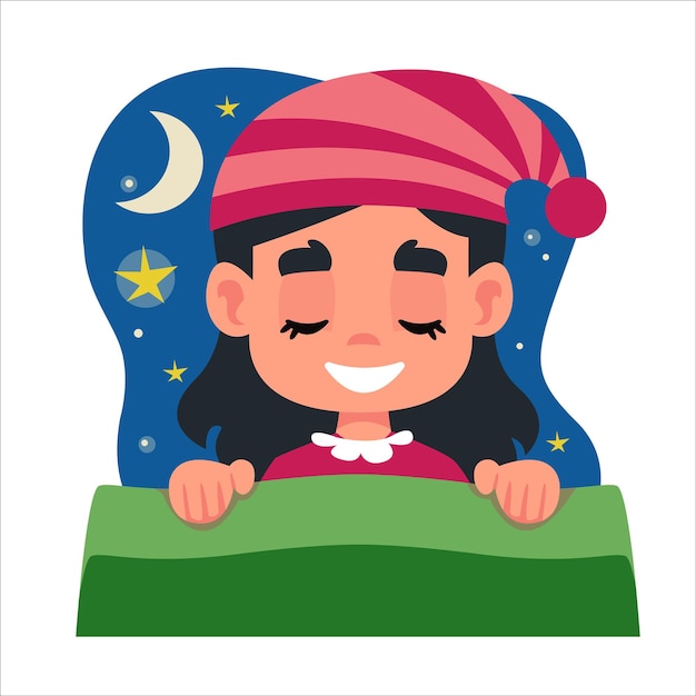 ピンクのパジャマを着た小さな美しいブルネットの少女は 彼女のベッドで眠り 夢を見ます 子供の頭の上に星と月がある雲 漫画スタイルの楽しみのベクトル イラスト プレミアムベクター