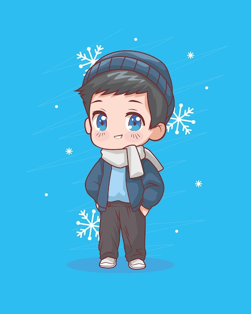 Free vector little boy anime wearing winter clothes