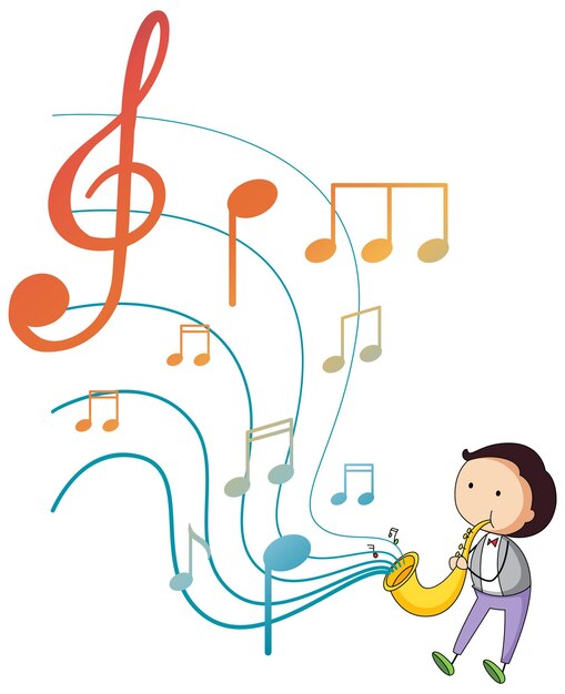 A little boy blowing saxophone with music notes on white backgro