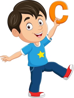 Little boy cartoon holding alphabet letter c