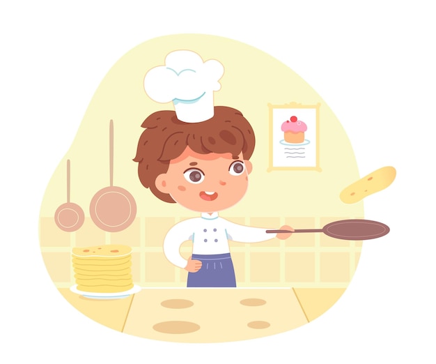 무료 벡터 집에서 팬케이크를 요리하는 어린 소년 모자와 앞치마를 입은 행복한 아이가 달콤한 음식을 만들고 있다