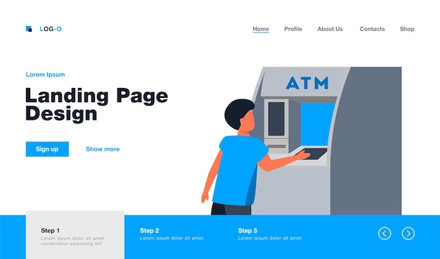 Free vector little boy getting money from atm. cash, machine, banking flat  illustration