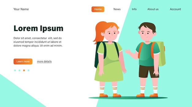 Free vector little boy and girl chatting with each other. pupil, backpack, school flat vector illustration. friendship and childhood concept website design or landing web page