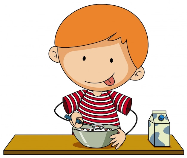 Little boy having cereal with milk