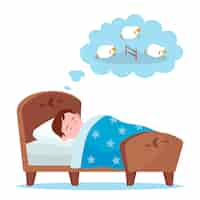 Free vector little boy lying in bed and counting sheep