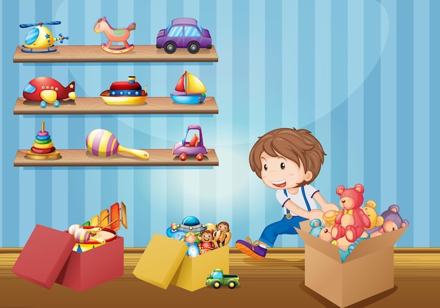 Free vector little boy and many toys
