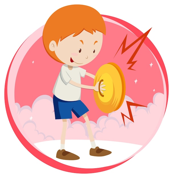 Little boy playing cymbal on white background