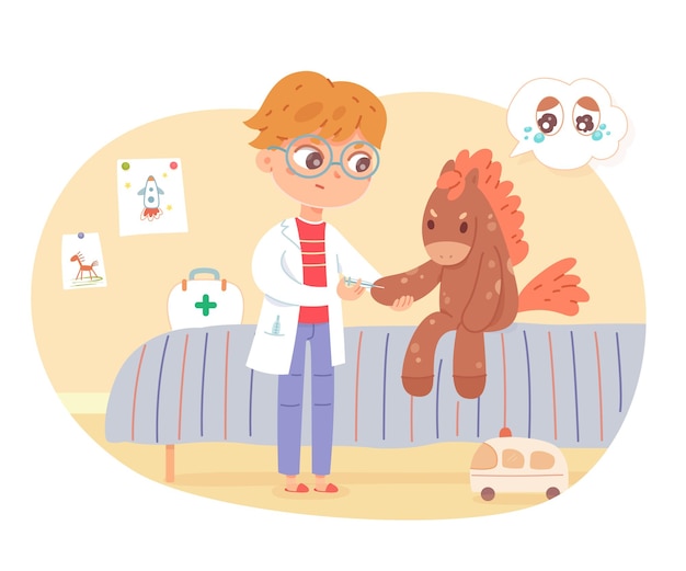 Free vector little boy playing doctor with horse plush toy kid with patient on bed cute child treating sick toy with prick in hand