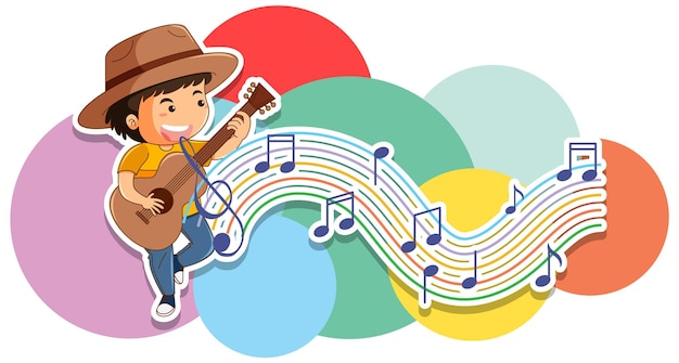 Free vector a little boy playing guitar with music notes on white background