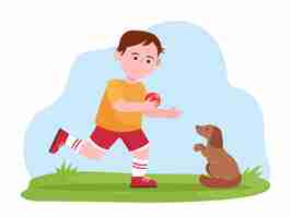 Free vector little boy playing with dog