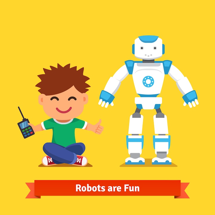 Free Vector little boy playing with remote controlled robot