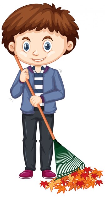 Little boy raking leaves on white background