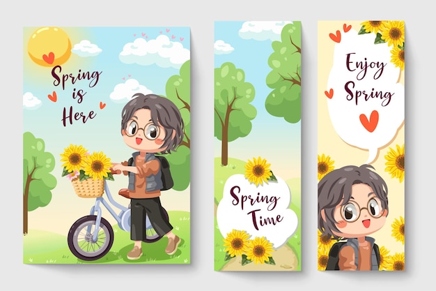 아이 패션 삽화를위한 봄 테마 그림에서 자전거를 타는 어린 소년