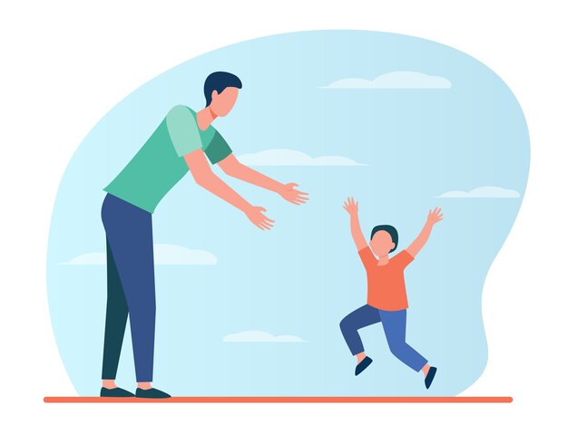 Little boy running to his dad. Father and son enjoying meeting flat illustration.