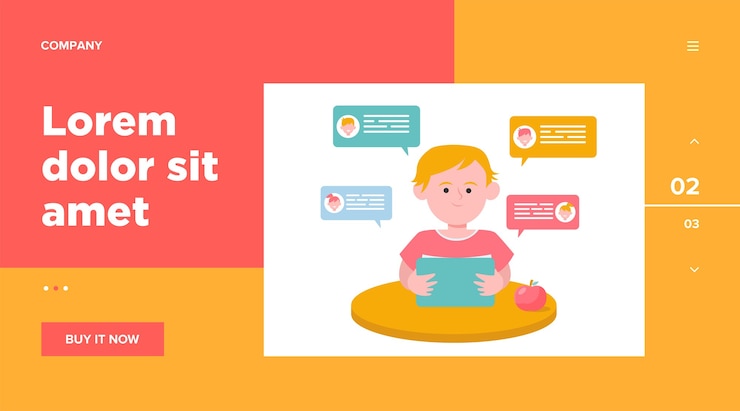 Free Vector little boy sitting at table and chatting with friends. tablet, apple, desk web template