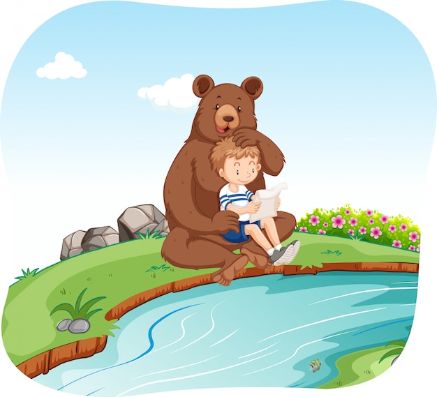 Free vector little boy sitting with bear by the river