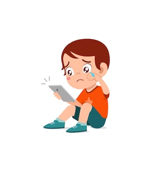 Premium Vector | Little boy using mobile phone and laugh