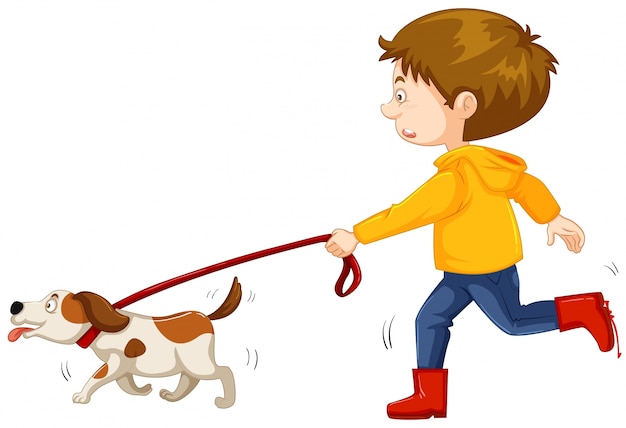 Little boy walking dog