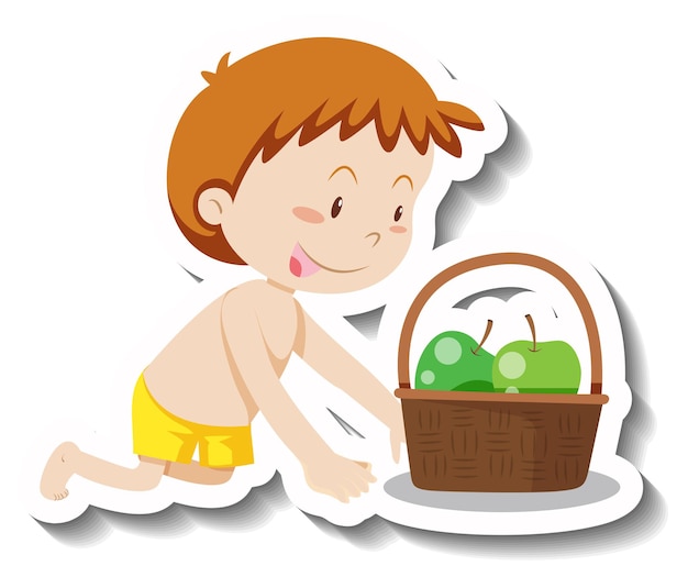 바구니 만화 스티커에 녹색 사과와 어린 소년