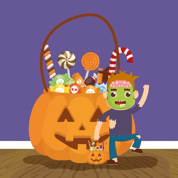 Free vector little boy with zombie disguise and candies pumpkin