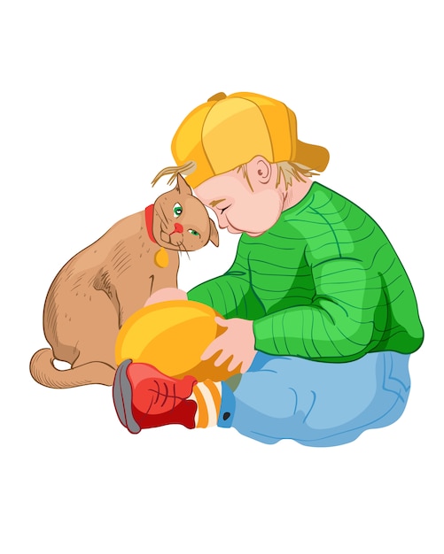 Free vector little boy in yellow cap playing with a cat. colorful clothes. pet friend idea