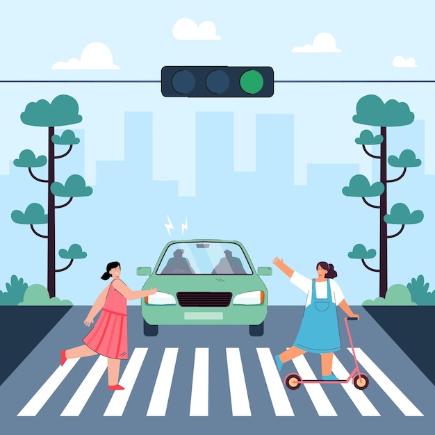 Vettore gratuito piccole ragazze dei cartoni animati che attraversano la strada davanti a un'auto in movimento. autista che emette un segnale acustico ai bambini sull'illustrazione vettoriale piatta della strada. pericolo, traffico, concetto di sicurezza per banner, progettazione di siti web o pagine web di destinazione