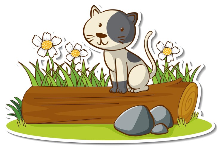 Free Vector little cat sitting on a log sticker