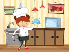 Vettore gratuito piccolo chef nella scena della cucina con le attrezzature
