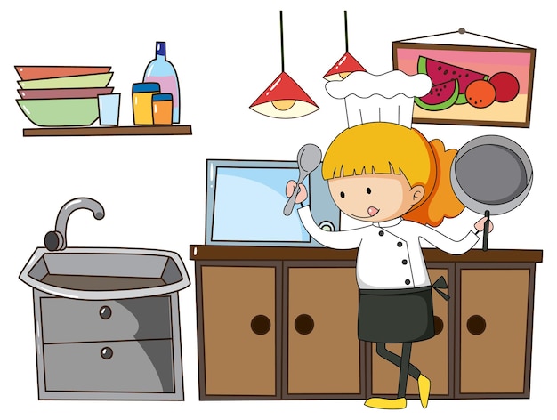 Little chef with kitchen equipments on white background