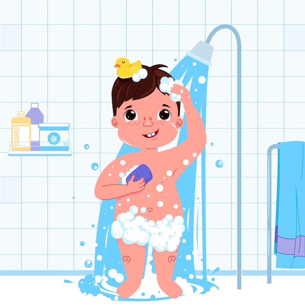 Vettore gratuito carattere ragazzo bambino piccolo fare una doccia. routine quotidiana. sfondo interno bagno.