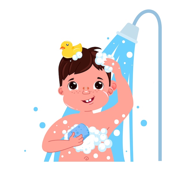 Little child boy character take a shower
