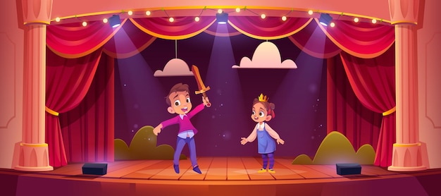 Free vector little children actors playing fairy tale concert with knight and princess characters on school scene