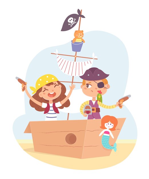 Little children as pirates having adventure in ship Cute boy and girl with pistols in boat sailing in sand on island captain with sailor kids as characters on white background