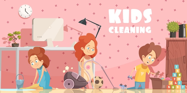 Little children cleaning living room retro cartoon poster with sweeping floor ordening toys and vacuuming 