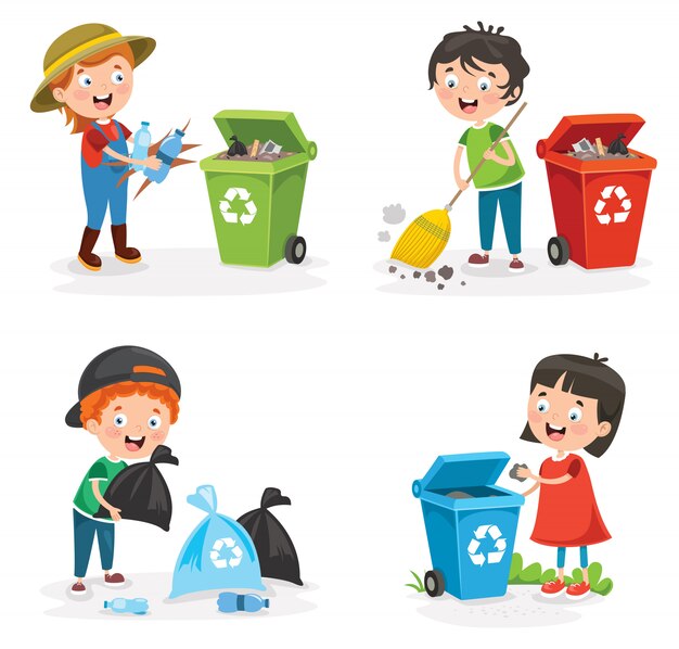 Colorful Cartoon Set With Kids Cleaning Rooms And Helping
