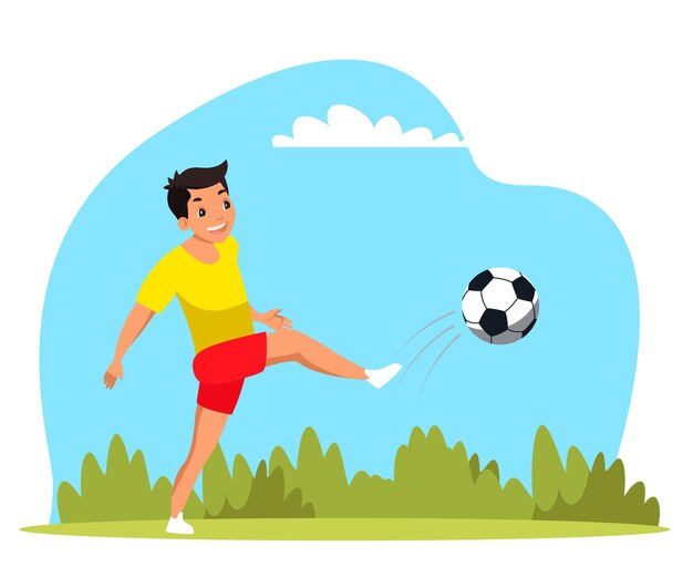 Little cute boy playing football in city park Kid kicks ball active sports outdoor enjoys game